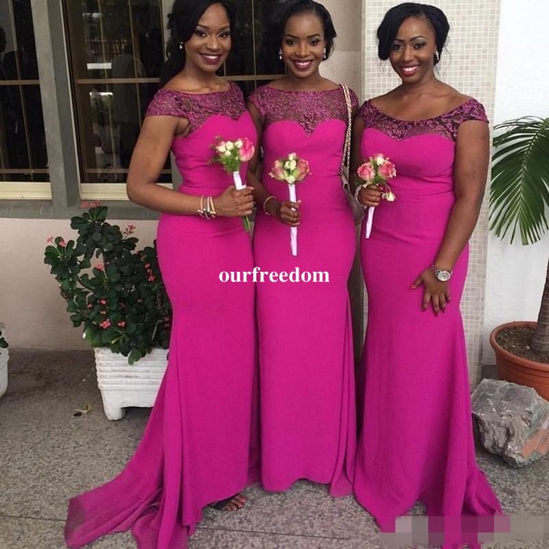 

Hot Pink New South African Mermaid Bridesmaid Dresses 2019 New Arrival Cap Sleeves Lace Appliques Maid of Honor Gowns Wedding Guest Dresses