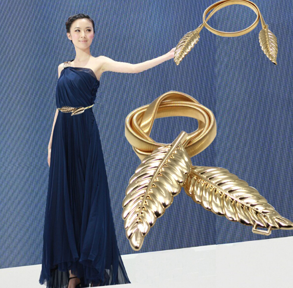 

Type-2 Fashion Women Full Gold/Silver Metal Elastic Stretch Waist Belt With Metallic Leaf Buckle
