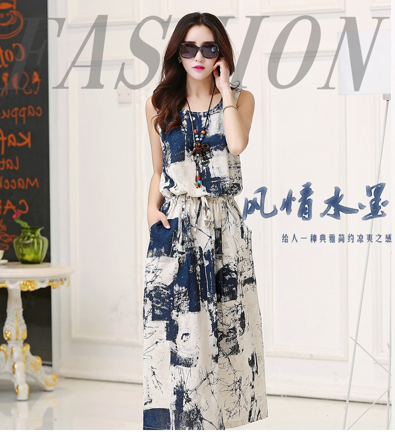 

Wholesale-Vintage floral dress female 2015 Summer Women New Cotton maxi Dress casual Linen Sleeveless blue black Long Dress vestido