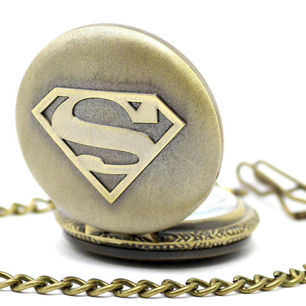 

Wholesale 100pcs/lot black classic superman watch vintage pocket watch necklace Men Women antique models Tuo table watch PW030, With necklace chain
