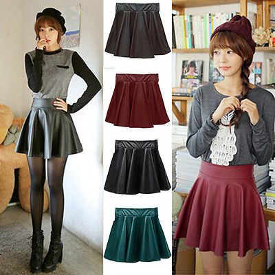 

FG1511 High Waist Skater Mini Skirt PU Leather Plain Flared Pleated Sexy  S M L, Black