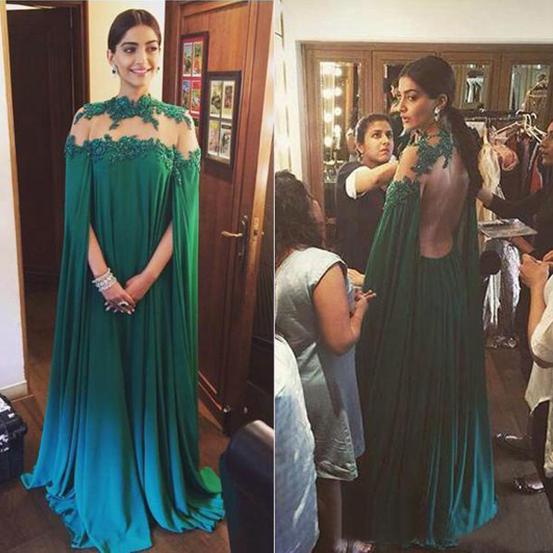 

Latest 2016 Arabic Dubai Style Hunter Chiffon A-line Evening Dresses Sexy Backless High Neck Lace Beaded Sweep Train Formal Gowns EN2242, Dark navy