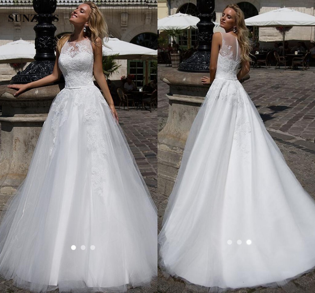 

A-line Tank Appliques Lace Wedding Gowns Long Tulle Women Marrige Dress New Designer Bridal Gowns Free Shipping, White