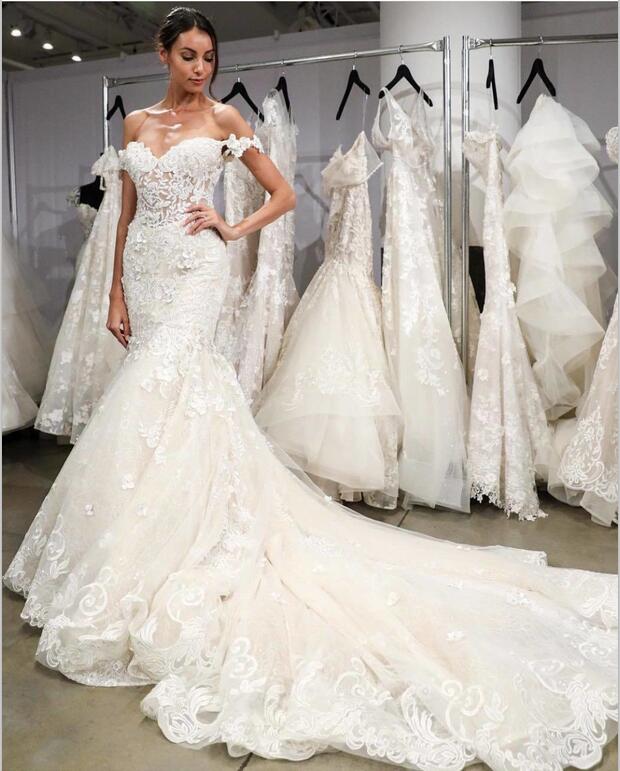 

Gorgeous Mermaid Wedding Dresses Lace Applique Off Shoulder Country Elegant Bridal Gowns Beach Sweep Train Wedding Dresses robe de mariée, Black