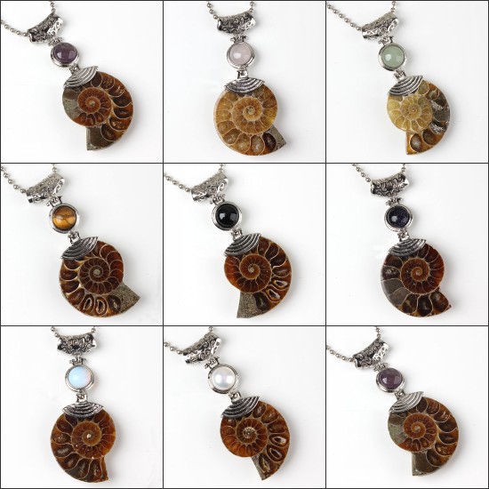 

wholesale 10Pcs Charm Silver Plated Natural Druzy Ammonite Fossil Pendant Amethyst Rose Quartz Stone Beads Pendant Jewelry For Necklace
