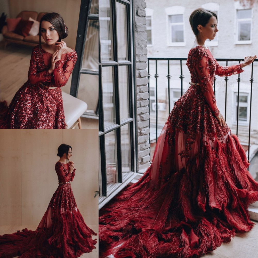 

Gorgeous Red Rhinestones Evening Dresses Luxury Feather Sequin Beaded Long Sleeve Evening Gown Stunning Sexy Formal Dress Red Carpet Dress, Light sky blue