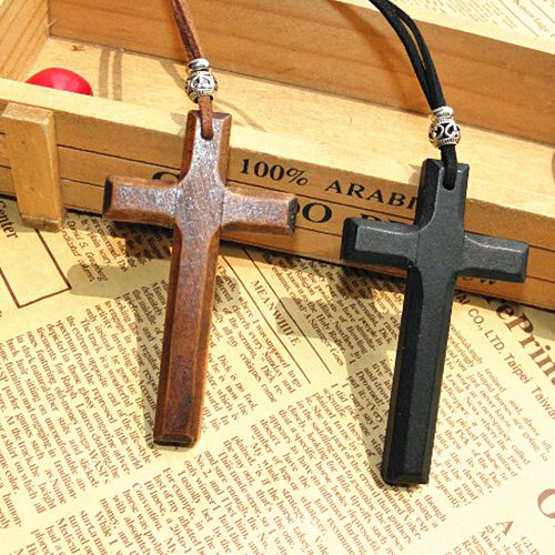 

Discount wooden cross pendant necklace vintage beads leather cord sweater chain men women jewelry handmade stylish 15pcs