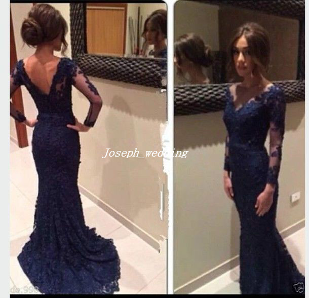 Livraison Gratuite 2017 Robes de soirée longue en dentelle bleu marine avec pure manches longues Robes de bal sirène sans dos en stock BD247