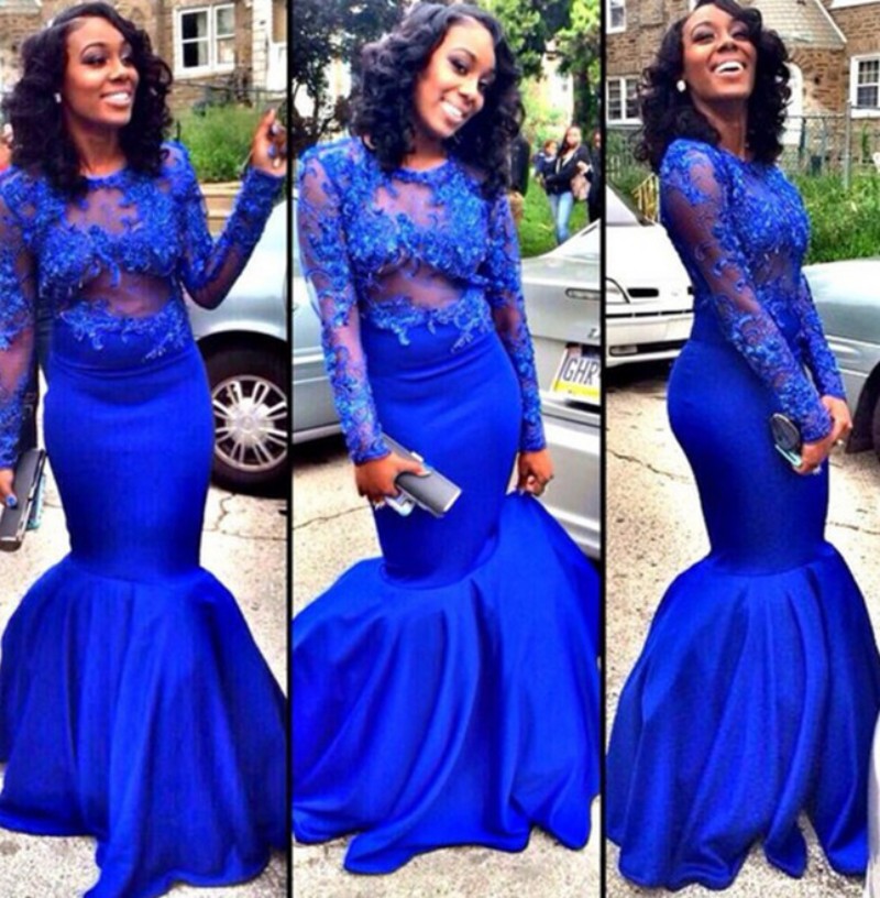 

Royal Blue Evening Dresses Nigerian Jewel Lace Appliques Mermaid Prom Gowns Sheer Long Sleeves Sweep Train Special Occasion Dress, Purple
