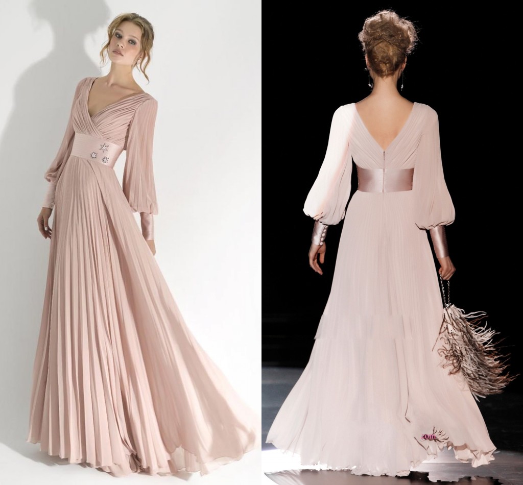 

Light Pink Prom Dresses Long Sleeve Evening Formal Gown 2022 Pleated V-Neck Party Dress With Satin Sash Modern Women Pageant Gowns, Brown
