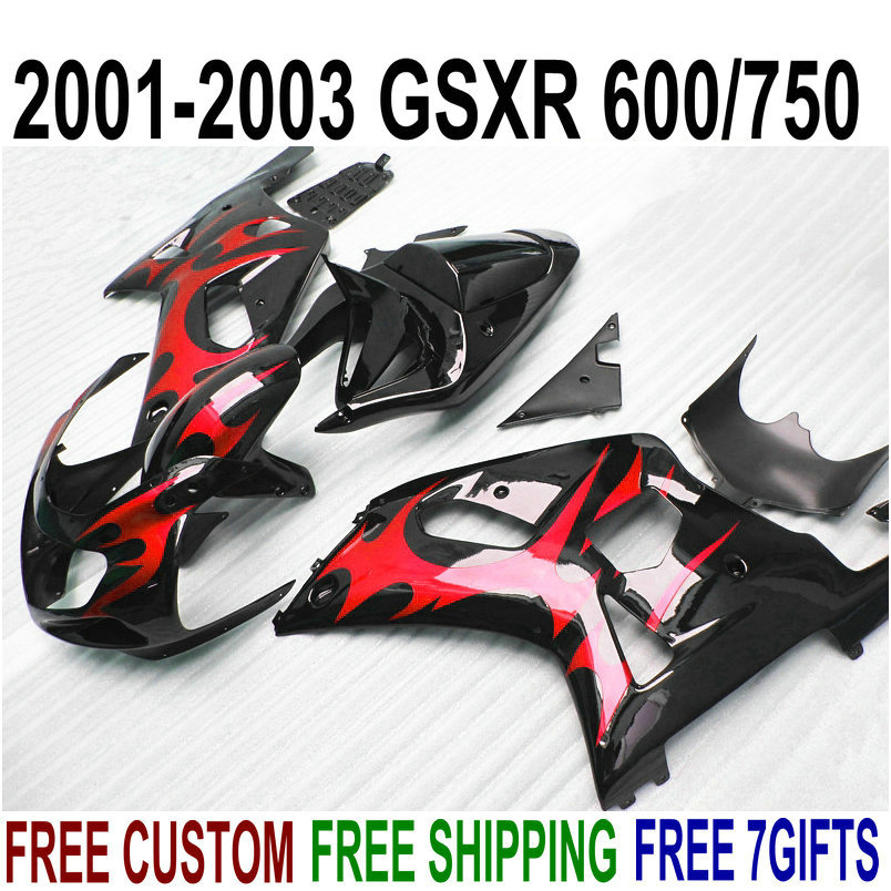 

High grade fairings set for SUZUKI GSXR600 GSXR750 2001-2003 K1 red flames in black fairing kit GSX-R 600/750 01 02 03 EF49, Same as the picture shows