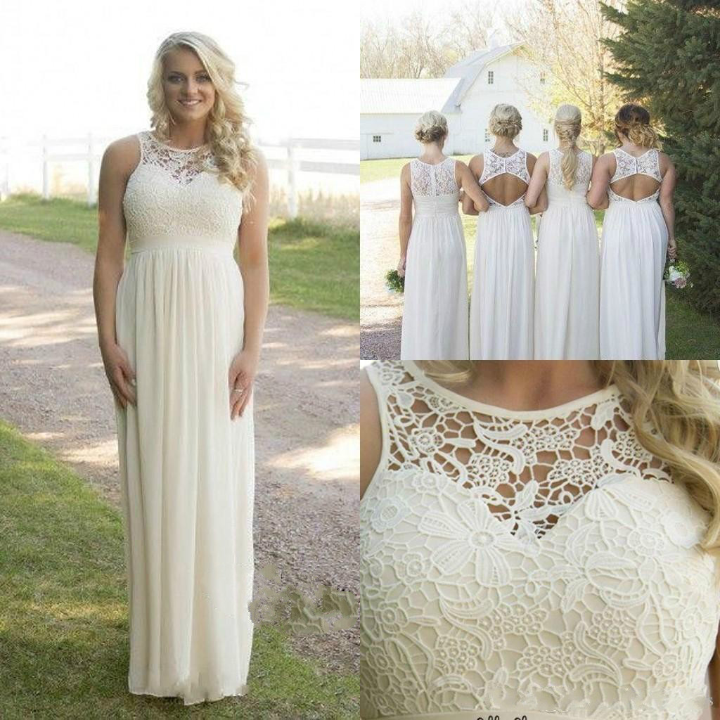 

Best Beige Floor Length Chiffon Boho Country Bridesmaid Dresses Sheer Neck Different Style Backless Prom Dresses Cheap maid of honor Evening