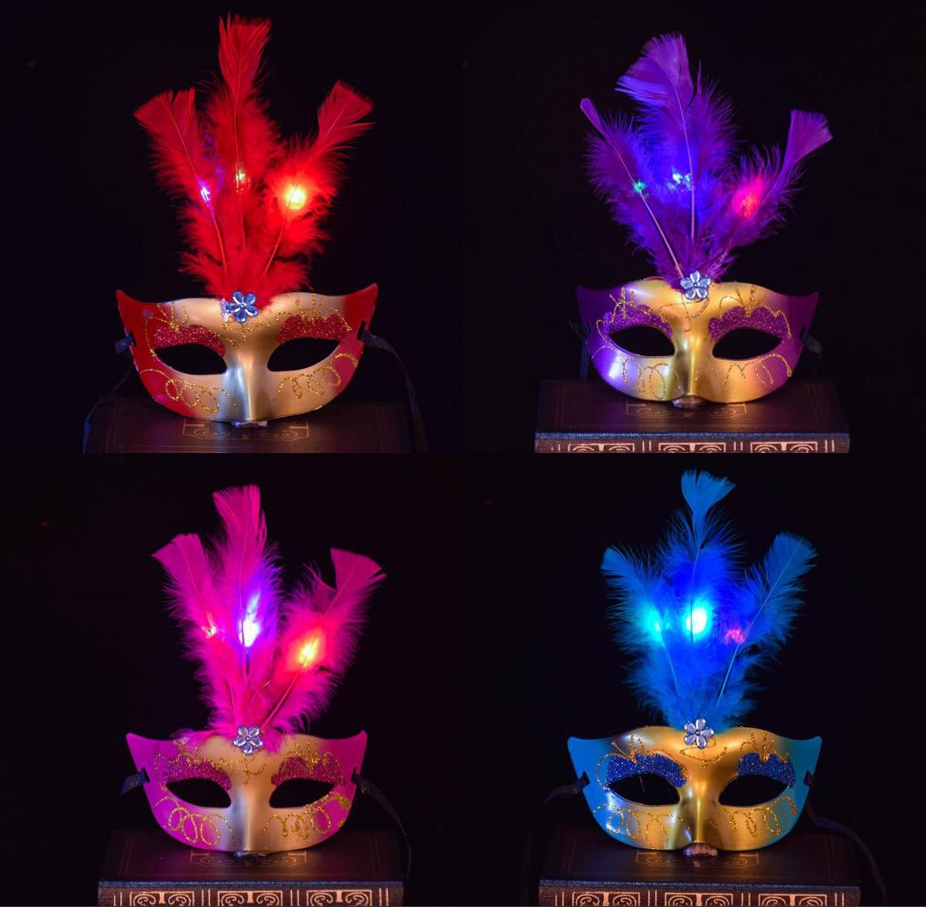 

Halloween Party 3pcs Leather LED Masquerade Masks Women Fashion Gold Powder Half Face Carnival Masks Purple Red Blue Yellow Pink Burgundy