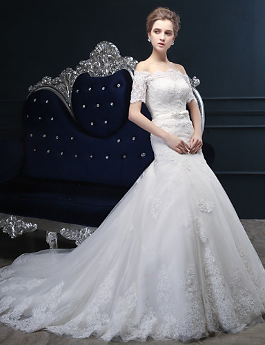 

2016 Best Sale Fashion Custom Made Trumpet/Mermaid Elegant Ivory Court Train Bow Beading Off-the-shoulder Tulle Wedding Dresses 200