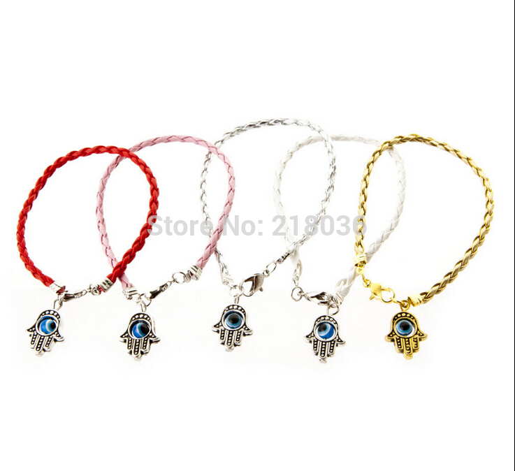 

50Pcs Fashion Vintage Gold&Silver Hamsa Evil Eye Hand Fatima Charms Mix Weave Leather Good Luck Braclets& Bangles Jewelry L377, Golden;silver