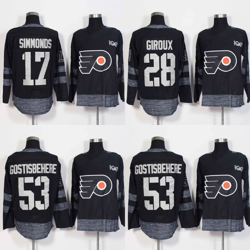 

2017 Centennial Classic 100 Anniversary Patch Philadelphia Flyers 17 Wayne Simmonds 28 Claude Giroux 53 Shayne Gostisbehere Hockey Jerseys, Black 53
