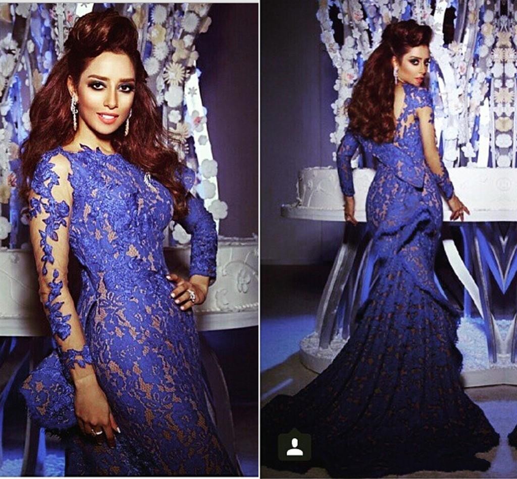 

Royal Blue Lace Dresses Evening Wear Custom Made Draped Ruffles Mermaid Evening Dresses Sleeves Myriam Fares Celebrity Formal Gowns 2015, Burgundy