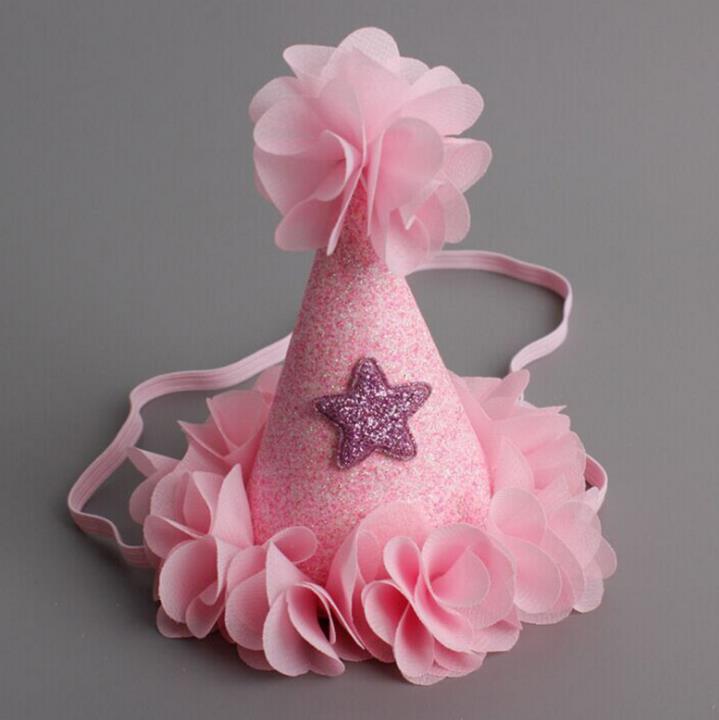 

Baby Shower Birthday Cone Hat Crown Chiffon Flower Star Tiara Headband Kids Girls Party Hair Bands Accessories, Gold