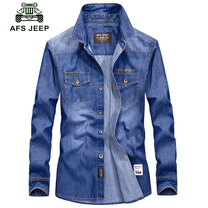 

2019 New Afs Jeep Men's Shirt Long Sleeve Size Casual Men's Fall Men's Jeans Shirt Men plus size S-4XL hot sale denim shirt, Blue