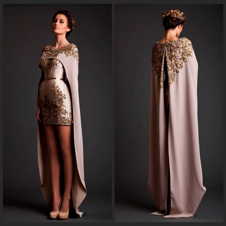 

Special Krikor Jabotian Two Piece Prom Dresses Crew Neck Applique with Bead Mini Length Detachable Shawl Long Train Formal Prom Gown, Champagne