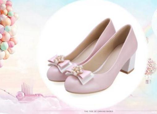 

Korean color bow roundheaded student shoes with thick with candy color all-match 5 cm high heels shoes, Pink