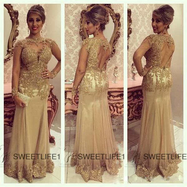 

2020 Long Sleeves Prom Dresses Mermaid Sheer Backless Gold Applique Lace Dresses Party Evening Gowns Tulle Plus Size Formal Pageant Dress, Gray