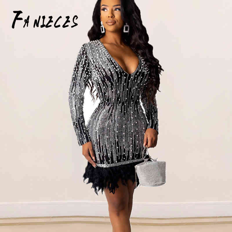 

Sexy Deep V-neck Slim Bodycon Dress Women Beaded Bright Silk Shiny Mini short Dresses Autumn winter Long Sleeve Party vestidos 210520, Khaki