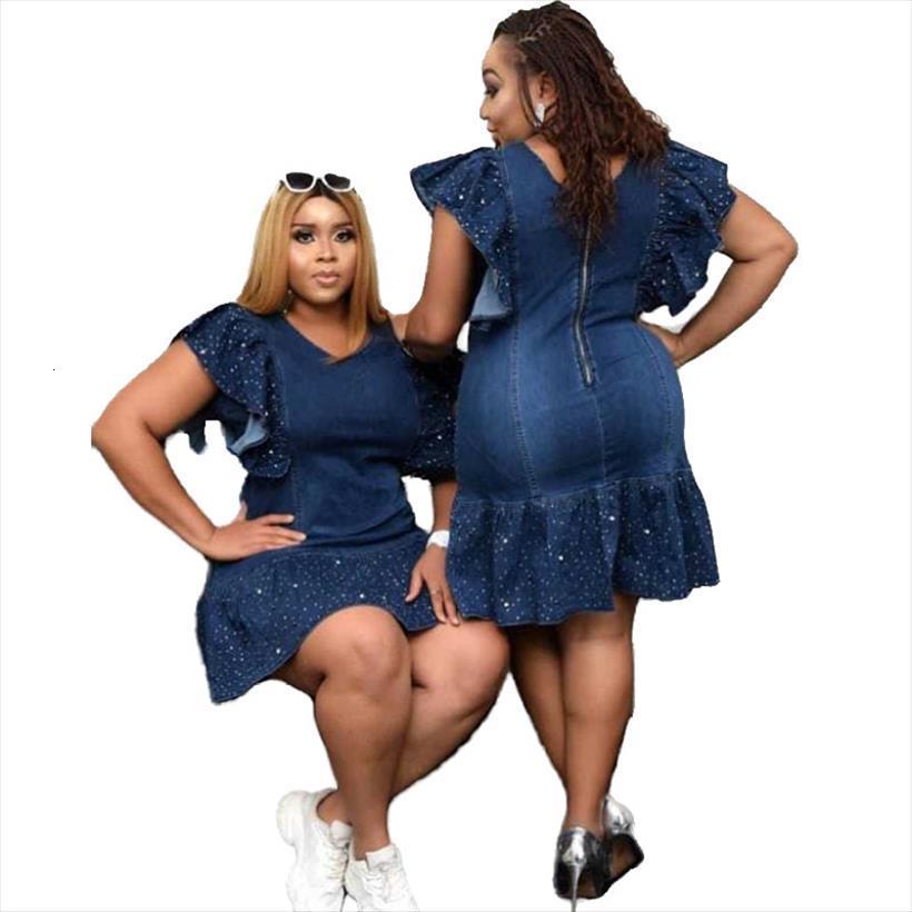 

Summer African Casual Butterfly Sleeves Women Dress Sequin Ruffled Plus Size Denim Wholesale Dropshipping, Black;gray