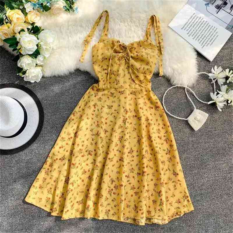 

Women Summer Chiffon Dress Sexy V Neck Bandage Mini Beach Robe Girls Vintage Floral Dot Printed Spaghetti Strap Dresses 210525