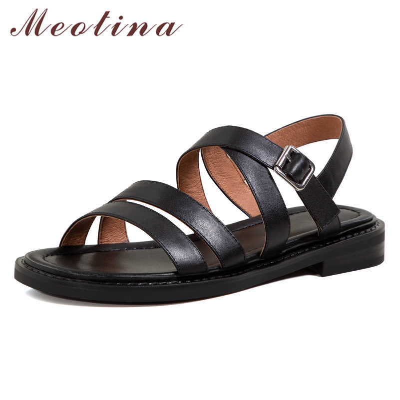 

Meotina Shoes Women Genuine Leather Sandals Low Heel Narrow Band Sandals Square Toe Chunky Heel Ladies Footwear Summer Beige 40 210608