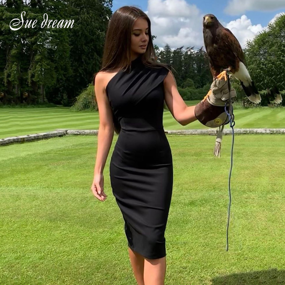 

2021 Summer New Womens Black Apricot Bandage Bodycon Dress Sexy One Shoulder Sleeveless Skinny Vestidos Split Party Dress