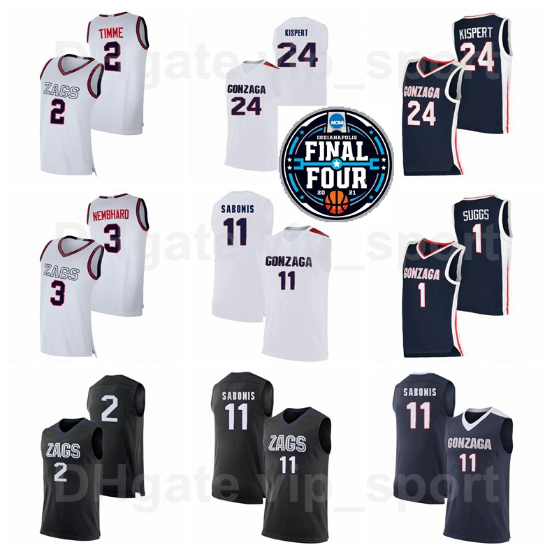 

NCAA Basketball Final Four Gonzaga Bulldogs College Jersey 24 Corey Kispert 2 Drew Timme 1 Jalen Suggs 11 Joel Ayayi 3 Andrew Nembhard, Black