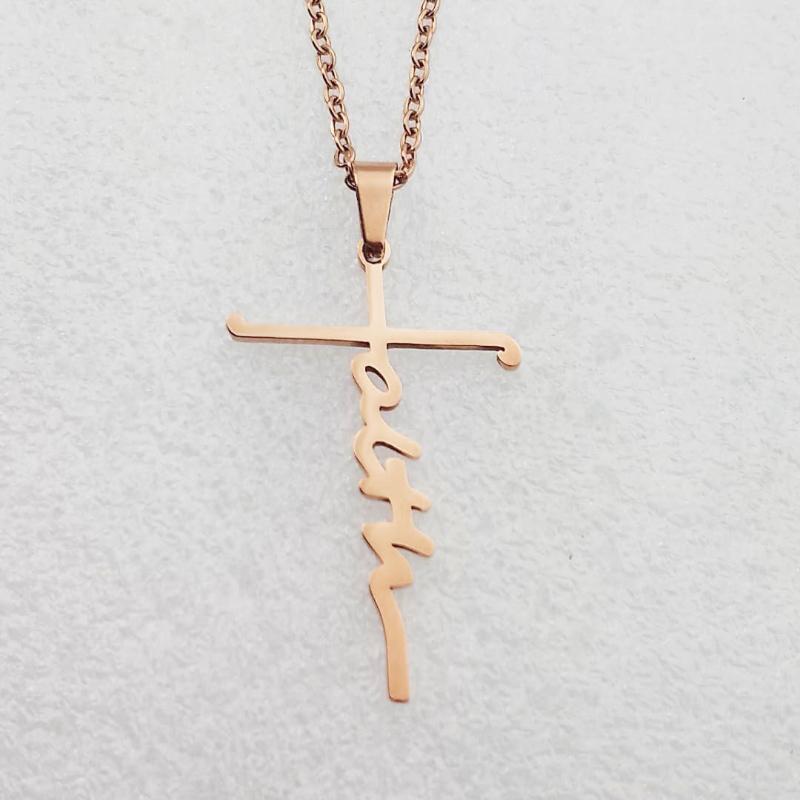 Pendant Necklaces Classic Faith Letter Cross For Women Men Simple Religious Stainless Steel Fashion Jewelry-image-698090821