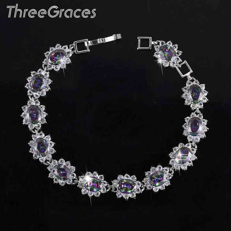 

ThreeGraces Brand Natural Mystic Rainbow Cubic Zirconia Crystal Bracelet Tennis Link Fashion Women Jewelry BR030
