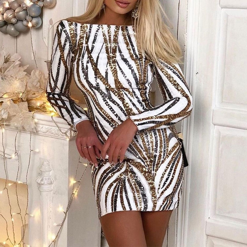 

Womens Dress Mini Sequined Striped Off-shoulder Woman Party Dresses Long-sleeve Shiny Bodycon Backless Robe 2021 New Year Sexy, Gold
