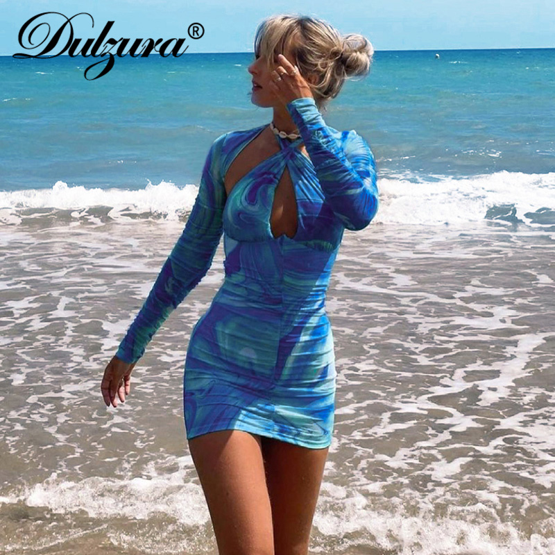 

tie dye print women long sleeve halter hollow out mini dress ruched bodycon streetwear party club 2021 autumn, Black;gray