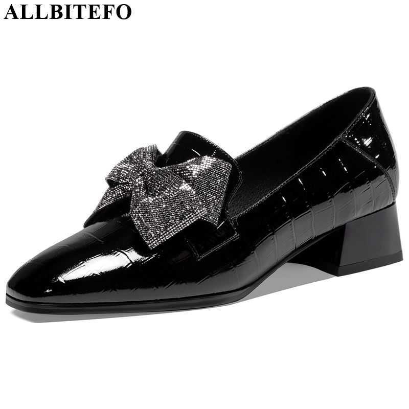 

ALLBITEFO natural genuine leather high heel shoes elegant bow-knot women heels comfortable spring square toe high shoes 210611, As picture