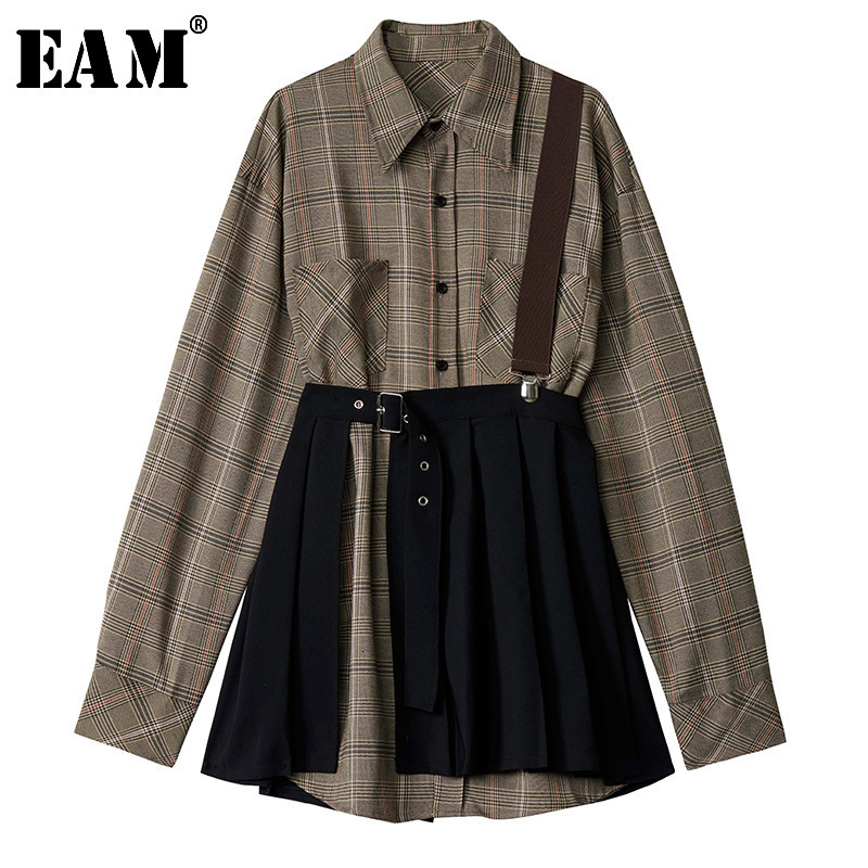 

EAM Women Plaid Pleated Split Two Piece Dress New Lapel Long Sleeve Loose Fit Fashion Tide Spring Autumn 2021 1D7110