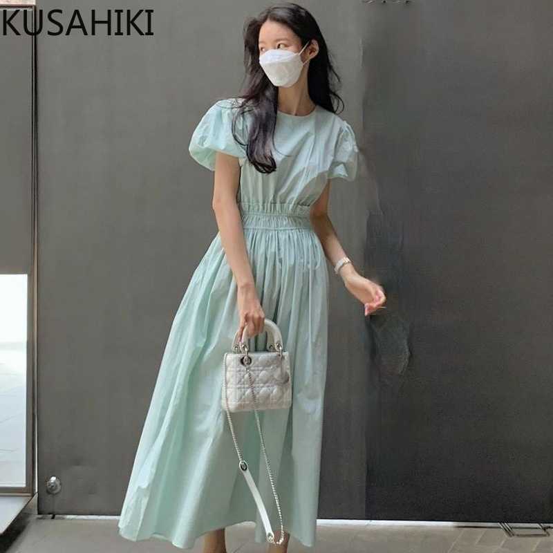 

KUSAHIKI Korean Stretch Slim Waist Woman Dress Elegant Fashion Summer Vestidos Femme Sweet Puff Sleeve O-neck Dresses 6J374 210602, Green
