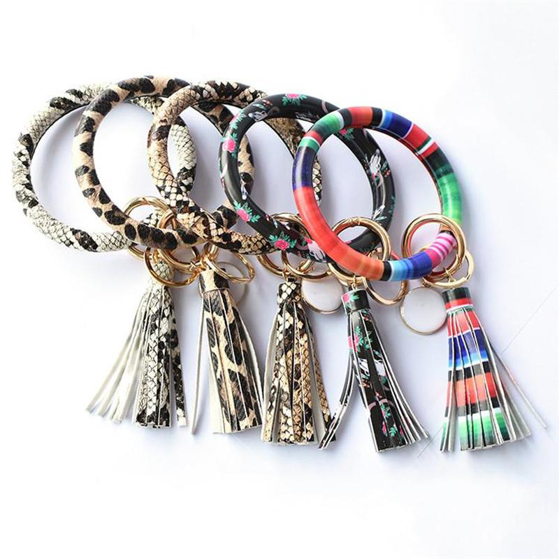 

favor Women Tassels Bracelets PU Leather Wrap Keys Ring Leopard Lily Print Keychain Wristband Sunflower Drip Oil Circle Bangle Chains Wristlet
