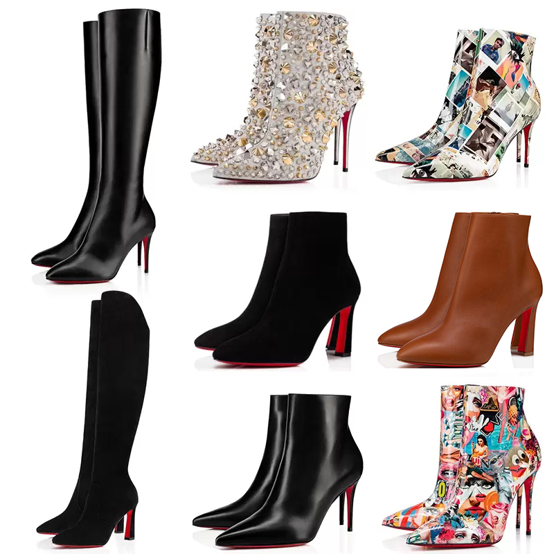 

Black Leather with box Designer Luxury Tall Ankle Boots Spikes Pointed Toes Womens Fashion Sexy Ladies Red Bottoms High Heels Winter Party Wedding Shoes Sneakers, A7 8 10 12cm