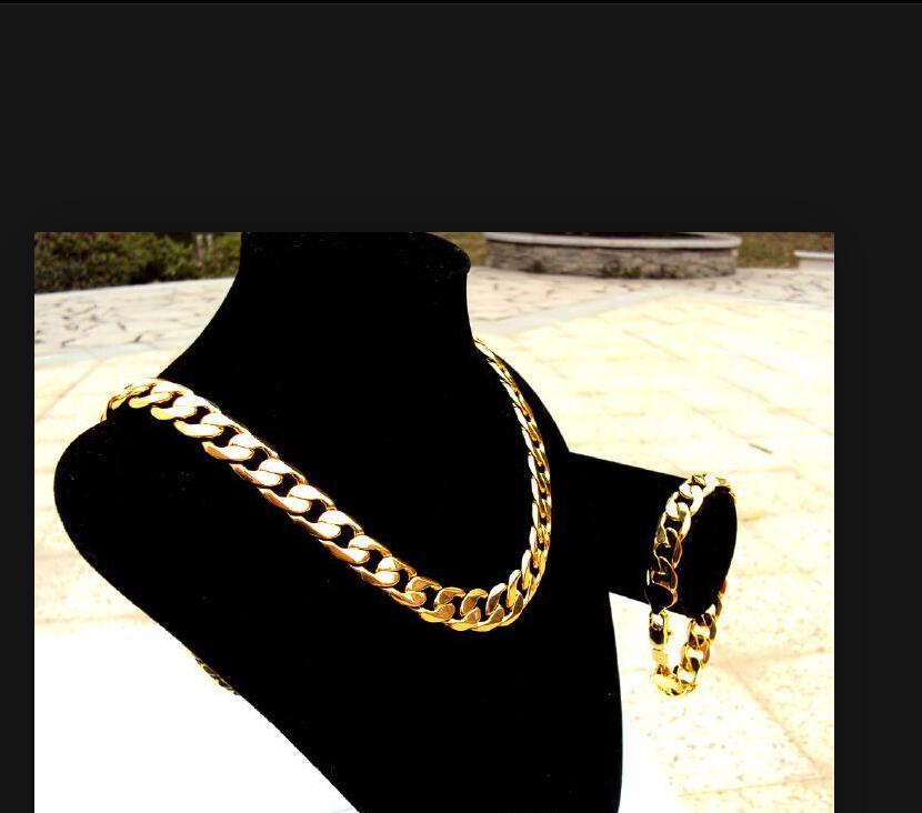 

Wholesale fine 24k Stamp Real Yellow Solid Gold 23.6 Men's Necklace Bracelet Set 12MM Curb Chain 600mm Jewelry mint-mark lettering, Golden