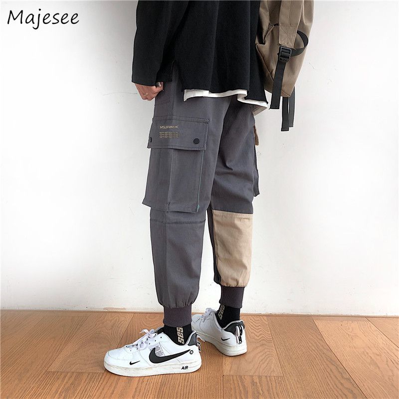 

casual pants men banded patchwork cargo pant mens pockets vintage leisure chic ins trousers retro fashion harajuku, Black