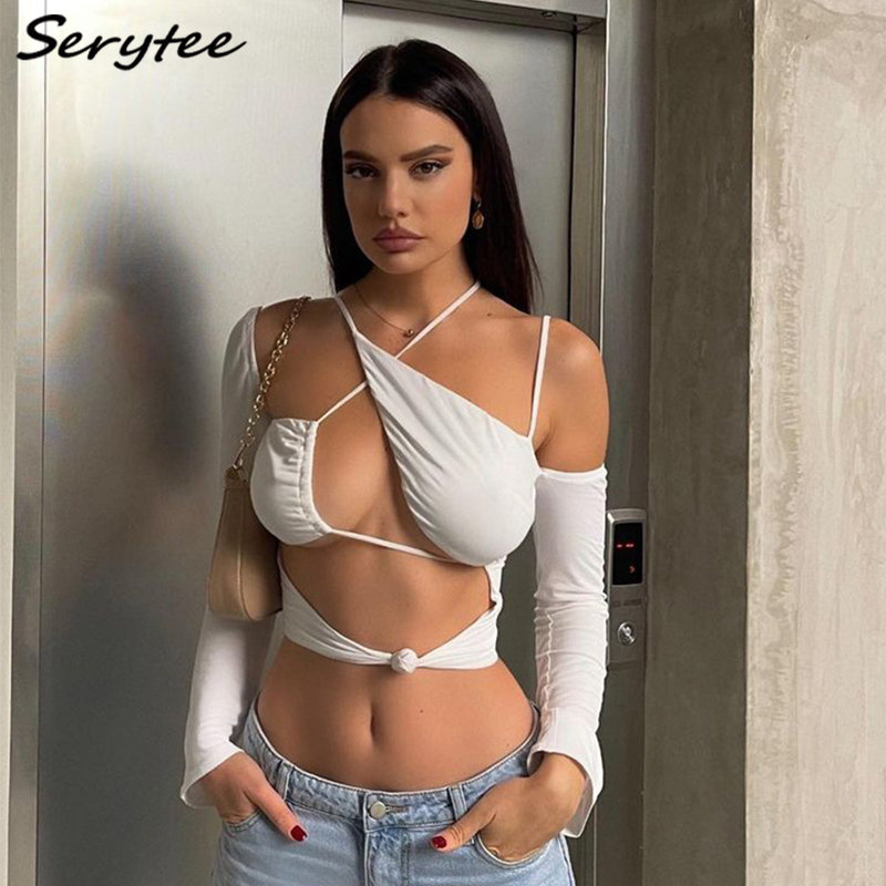 

Serytee Fashion Casual Halter Cut Out Lace Up Women' T Shirts 2022 Spring Long Sleeve Bandage Cropped Tops Streetwear White Tee