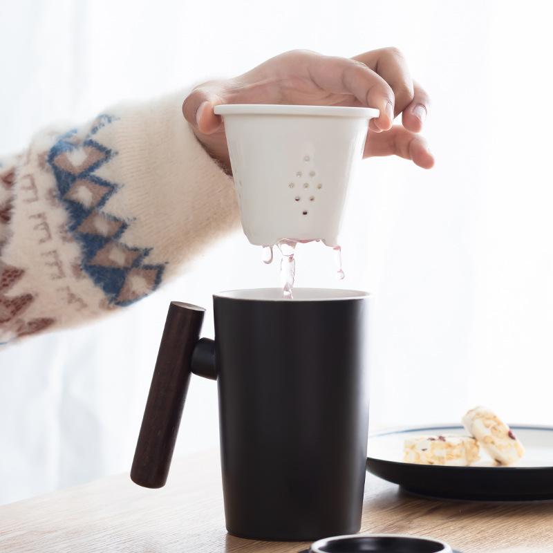 

Mugs Original Mug With Tea Shelf Ceramic Flower Cup Wooden Handle Creative Water Gift Lid, Fw950-blue