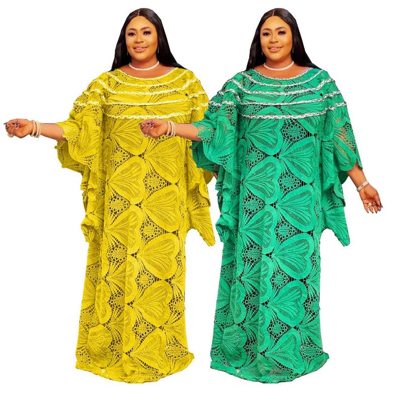 

Casual Dresses Hollow Dress 2-Piece Set Of African Clothing Fashion Dashiki Embroidery Women' Robe + Inner Skirt High-End Long 2021, Green