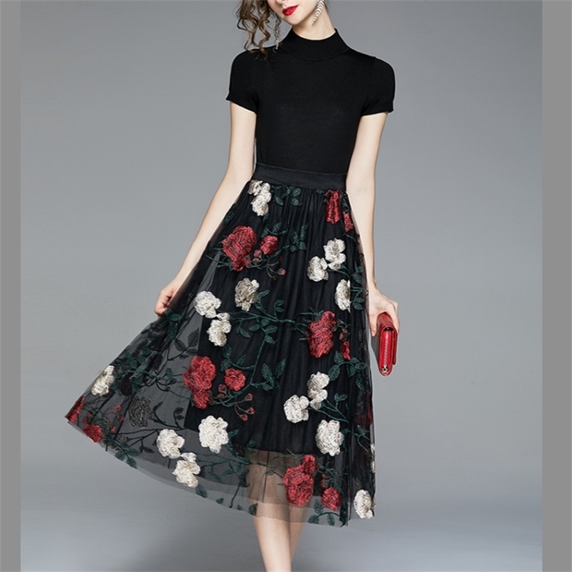 

Summer Women's Two Piece Set Black Short Sleeve knit T-shirt Top + High Waist Flowers Embroidery Mesh Midi Skirt Suit 210519