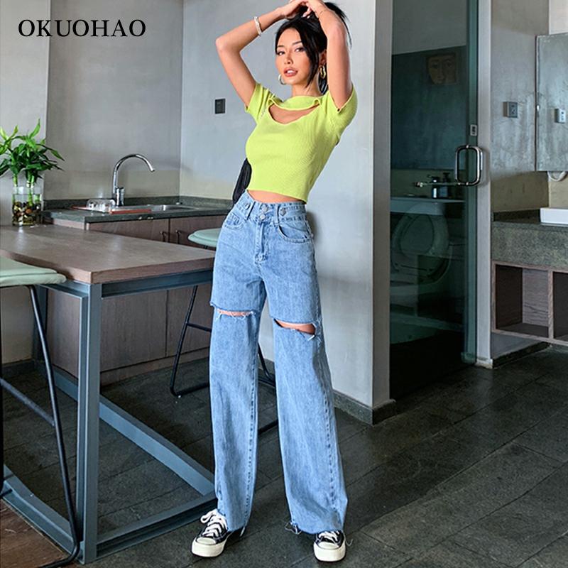 

2011ripped jeans women loose loose straight cut rotten high waist pants were thin wide legs 100% cotton mop pants, Blue
