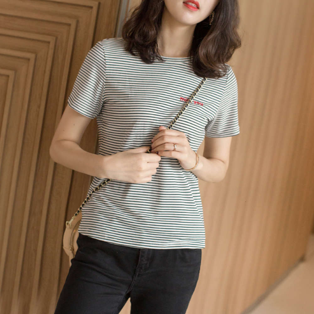 

Casual Dresses Fengwu Silk Road fashion versatile stripe letter cotton short sleeve women' T-shirt for women summer, Striped