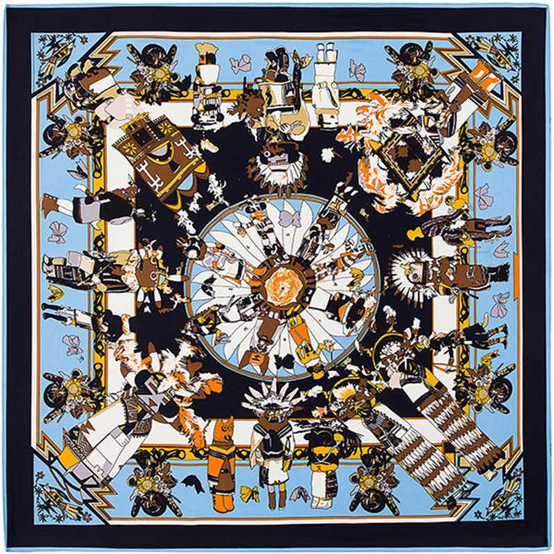 

New Twill Silk Women Scarf 130*130 Euro Design Myth Hopi Doll Print Square Scarves High Quality Gift Fashion Large Silk Shawls X0722